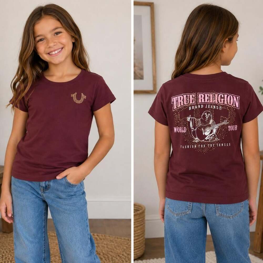 True Religion World Tour Guitar Graphic Baby Tee Burgundy